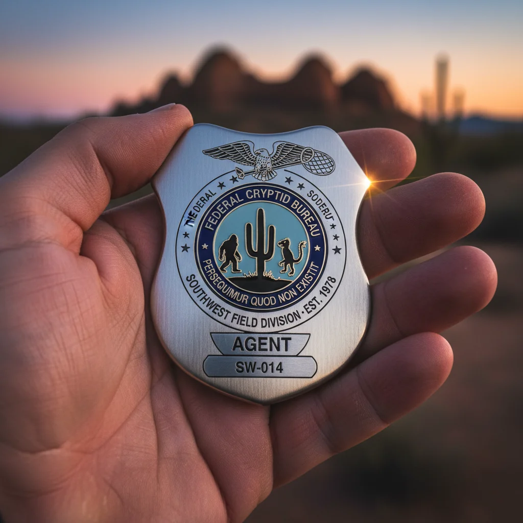 Macro close-up of a Federal Cryptid Bureau badge.
