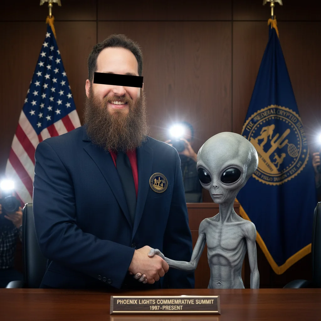 SAIC Briney shaking hands with a Grey at the Phoenix Lights Commemorative Summit.