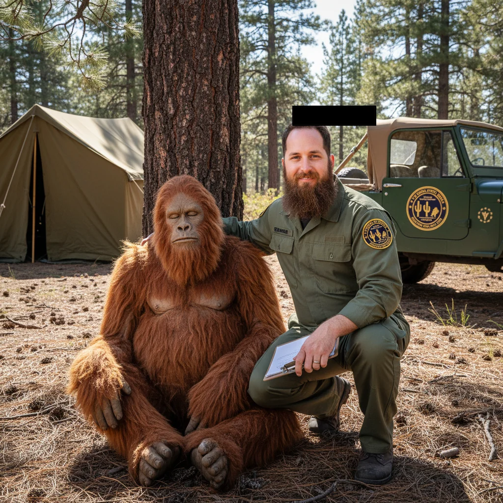 SAIC Briney crouched beside a subdued Mogollon Monster on the Mogollon Rim.